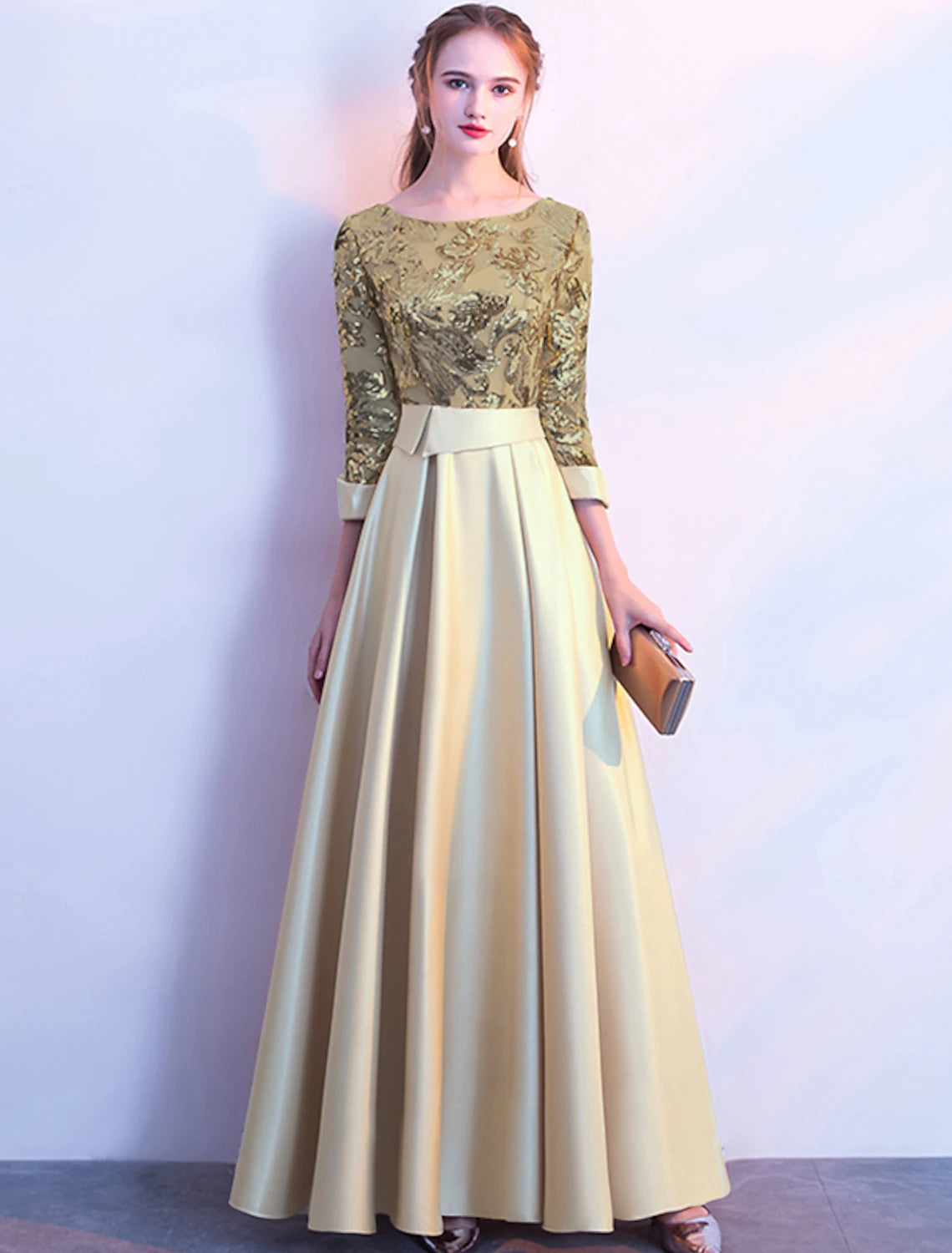 Wholesale  A-Line Glittering Elegant Prom Formal Evening Dress Jewel Neck 3/4 Length Sleeve Floor Length Satin with Sequin